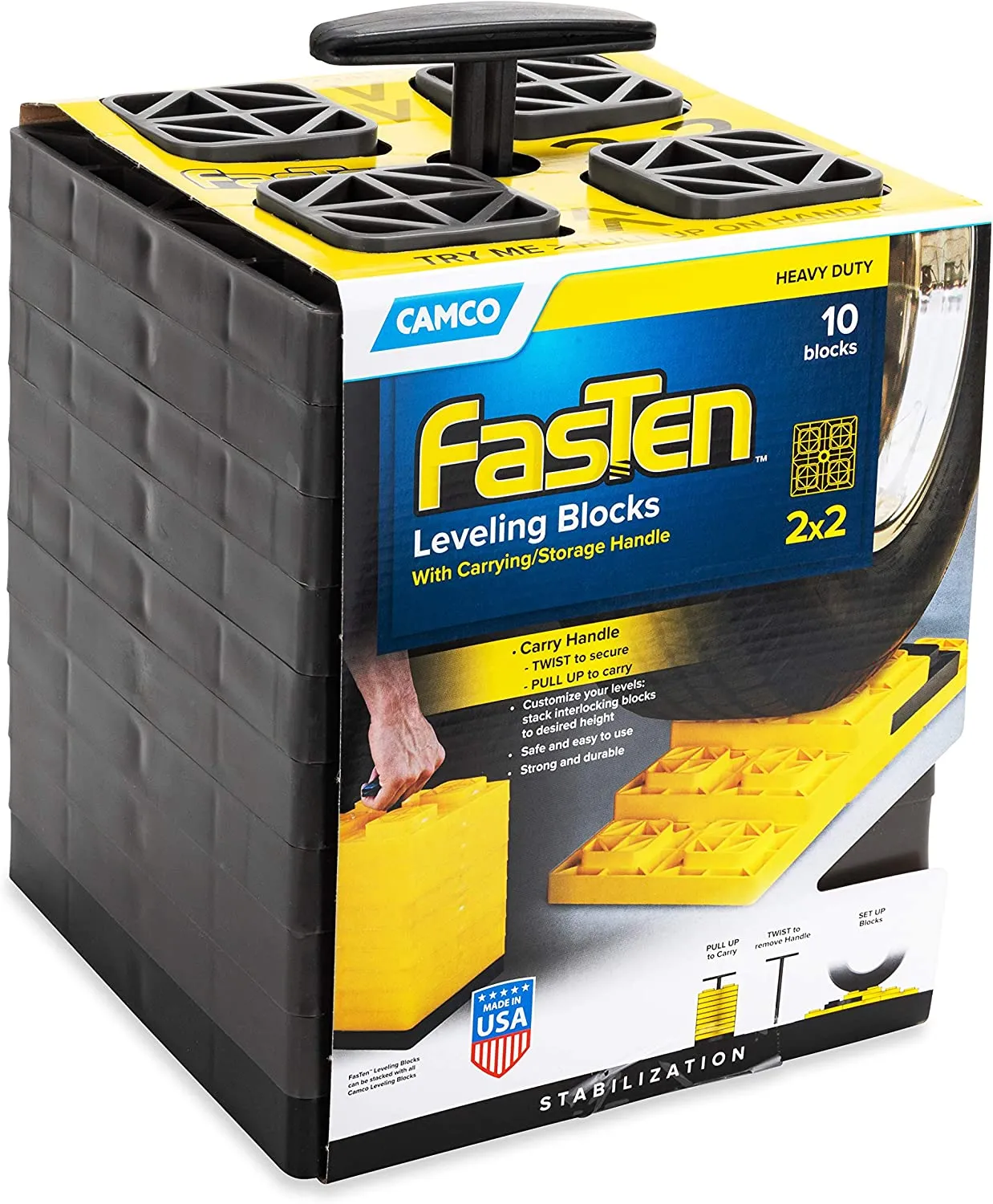 Camco 44521 FasTen Leveling Blocks - w / T-Handle,2x2,Brown 10 pack