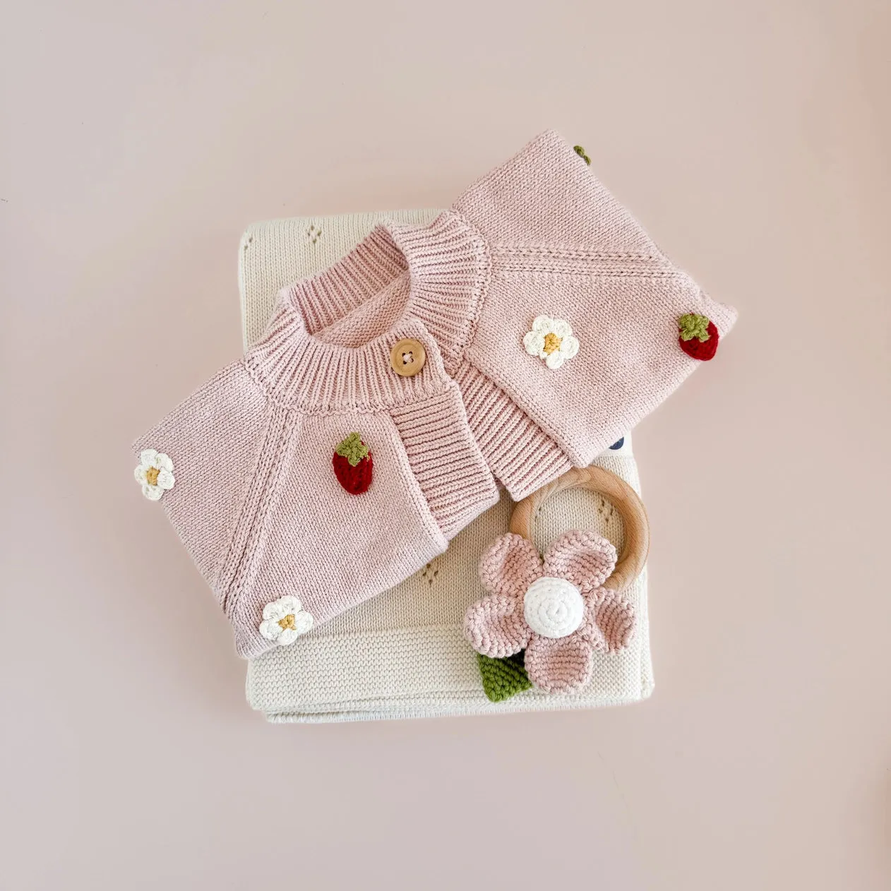 Cotton Crochet Rattle Teether Flower | Blush