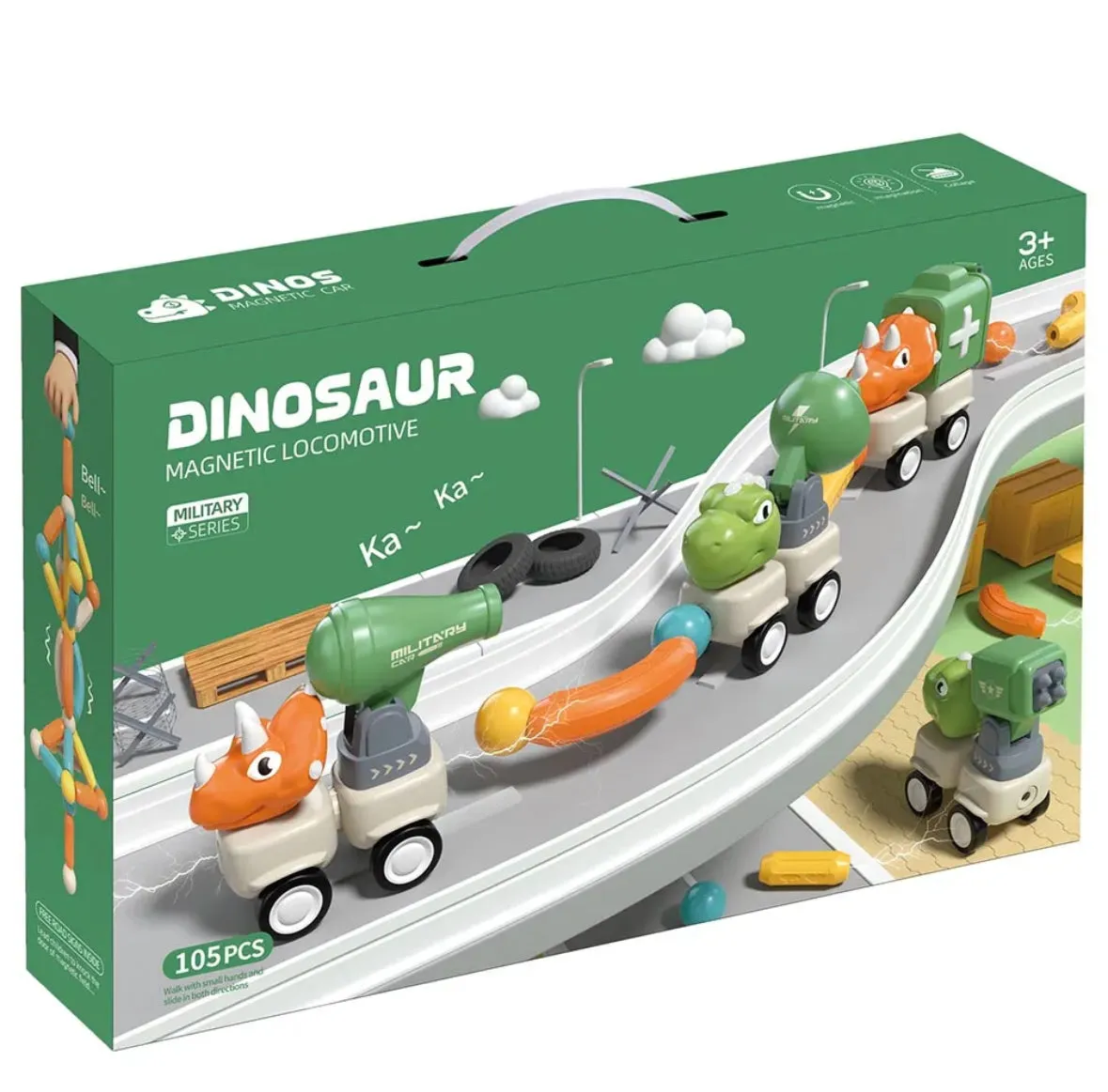 Magnetic dinosaur military car set - 105 pcs