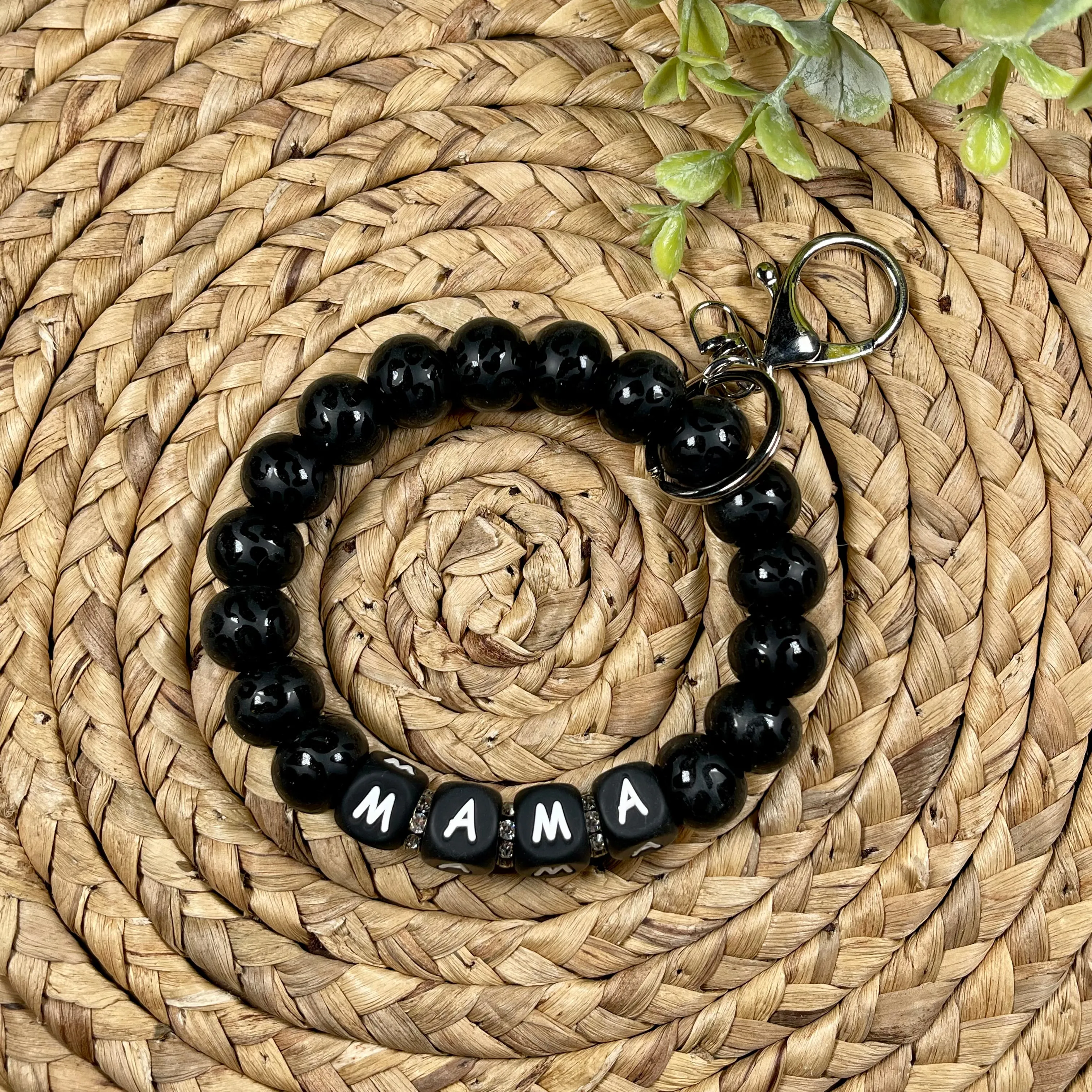 Matte Black Leopard Mama Wristlet Key Ring