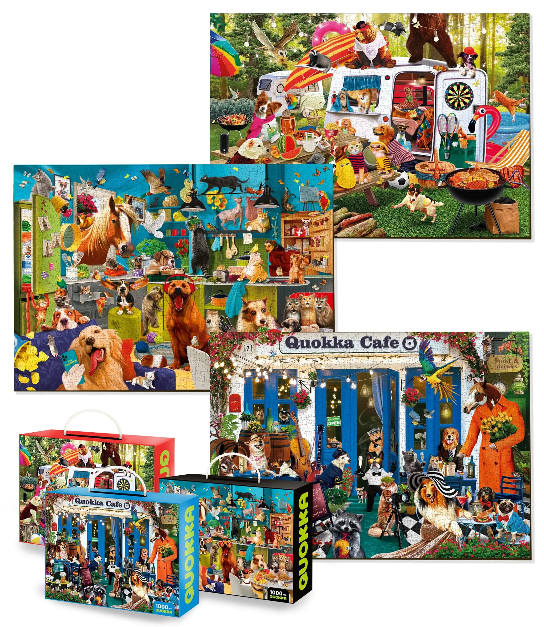 QUOKKA Jigsaw Puzzles 1000 Pieces for Adults and Up- Set of 3 Puzzles for Men and Women - Funny Animals for Kids Ages 8-12 and Up - Colourful Game with Cats Dogs Pets for Family