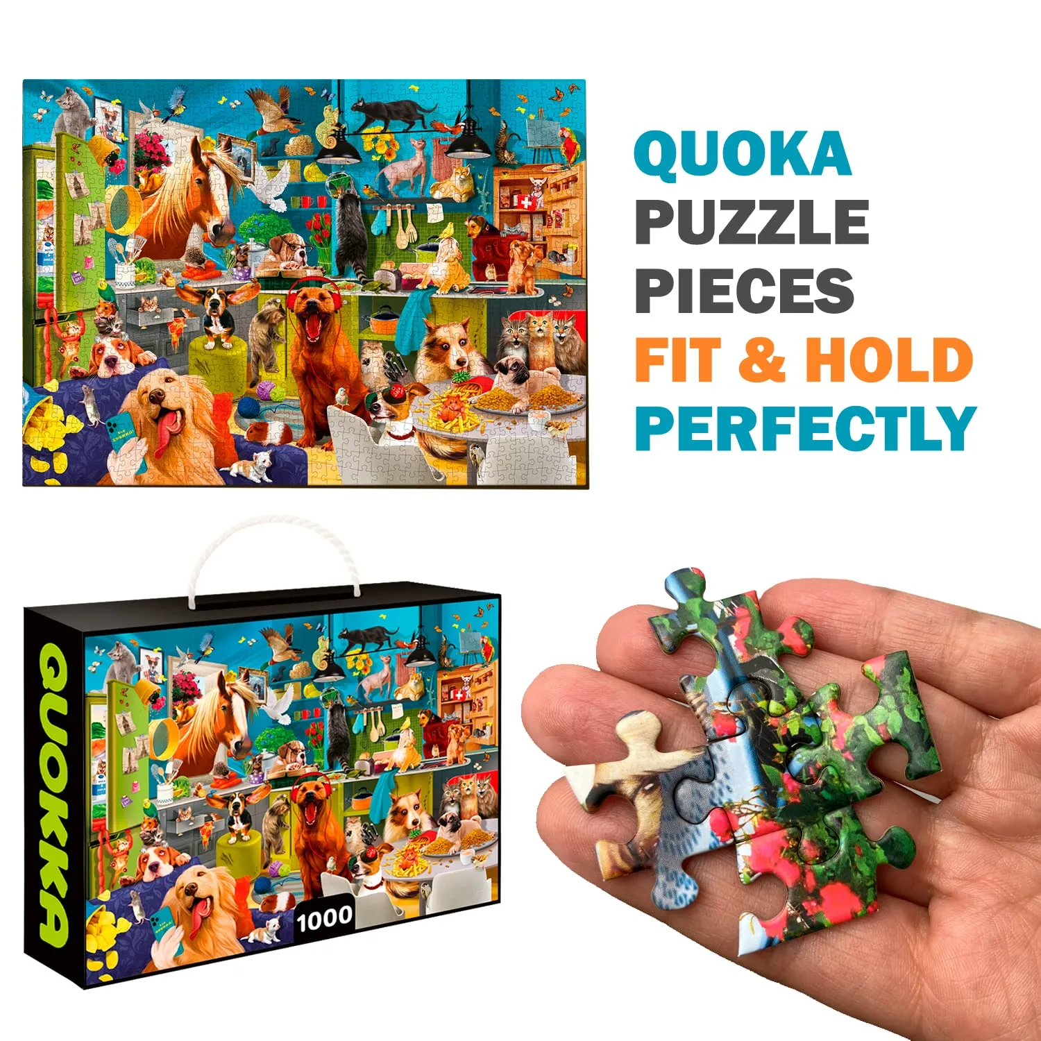 QUOKKA Jigsaw Puzzles 1000 Pieces for Adults and Up- Set of 3 Puzzles for Men and Women - Funny Animals for Kids Ages 8-12 and Up - Colourful Game with Cats Dogs Pets for Family