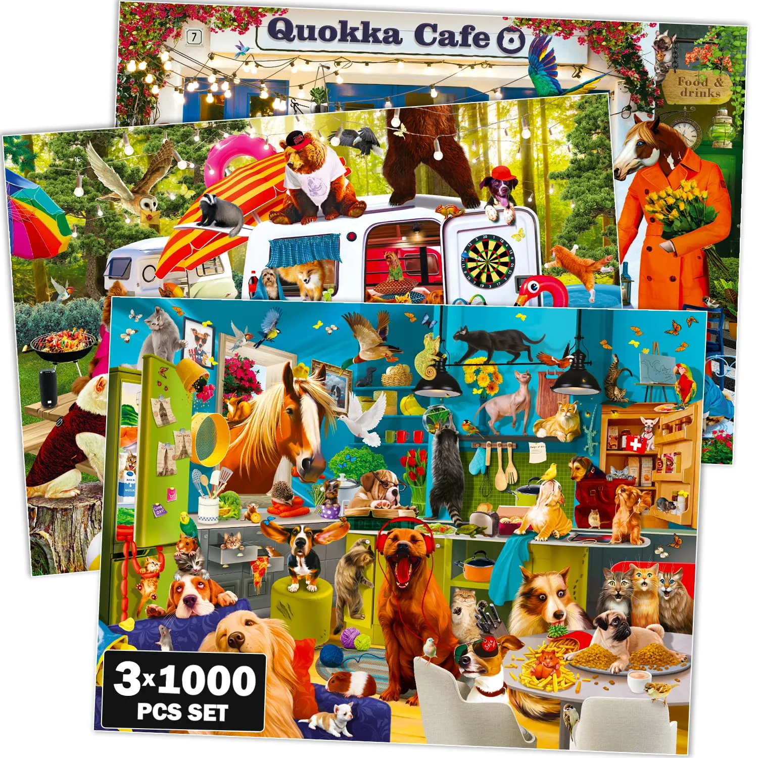 QUOKKA Jigsaw Puzzles 1000 Pieces for Adults and Up- Set of 3 Puzzles for Men and Women - Funny Animals for Kids Ages 8-12 and Up - Colourful Game with Cats Dogs Pets for Family