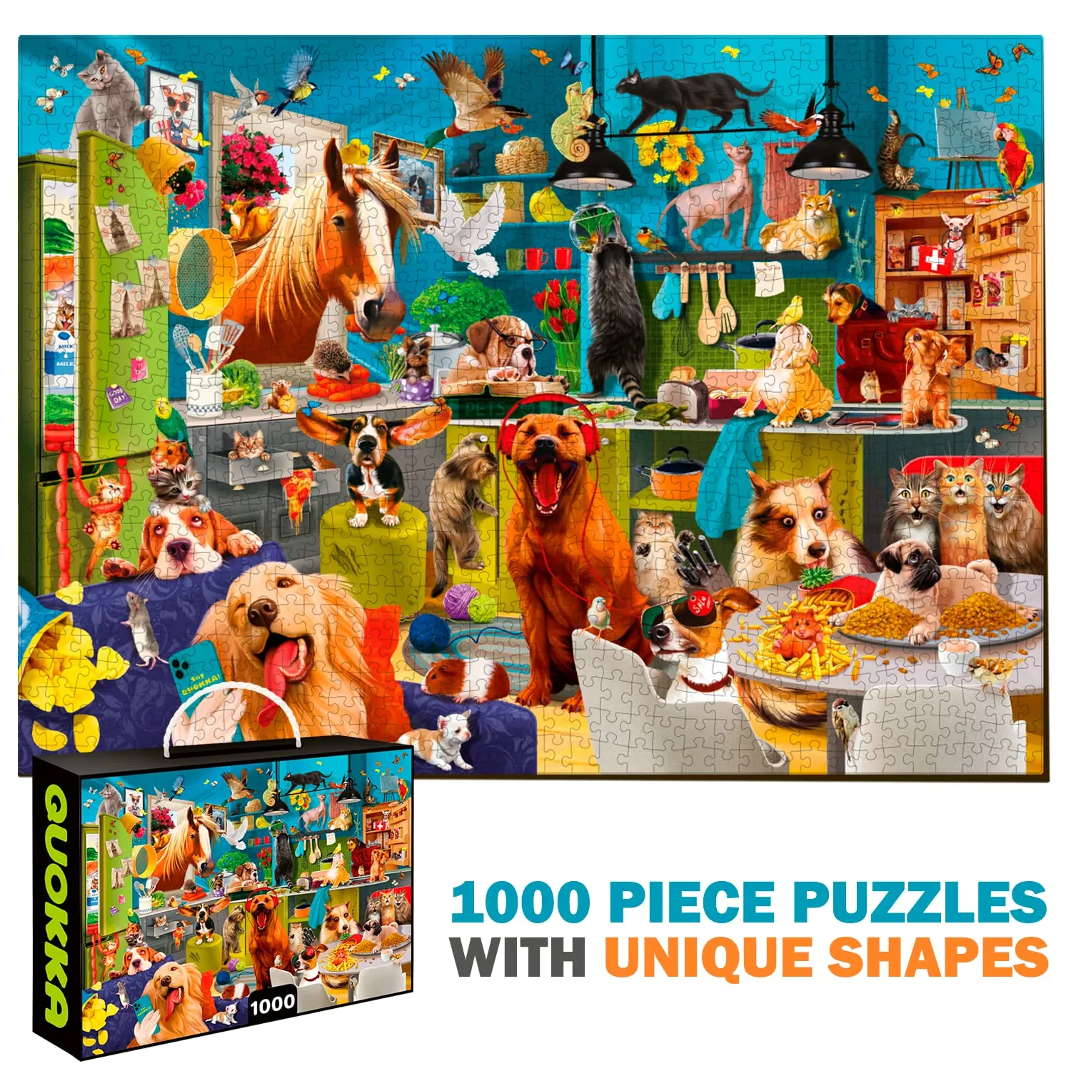 QUOKKA Jigsaw Puzzles 1000 Pieces for Adults and Up- Set of 3 Puzzles for Men and Women - Funny Animals for Kids Ages 8-12 and Up - Colourful Game with Cats Dogs Pets for Family