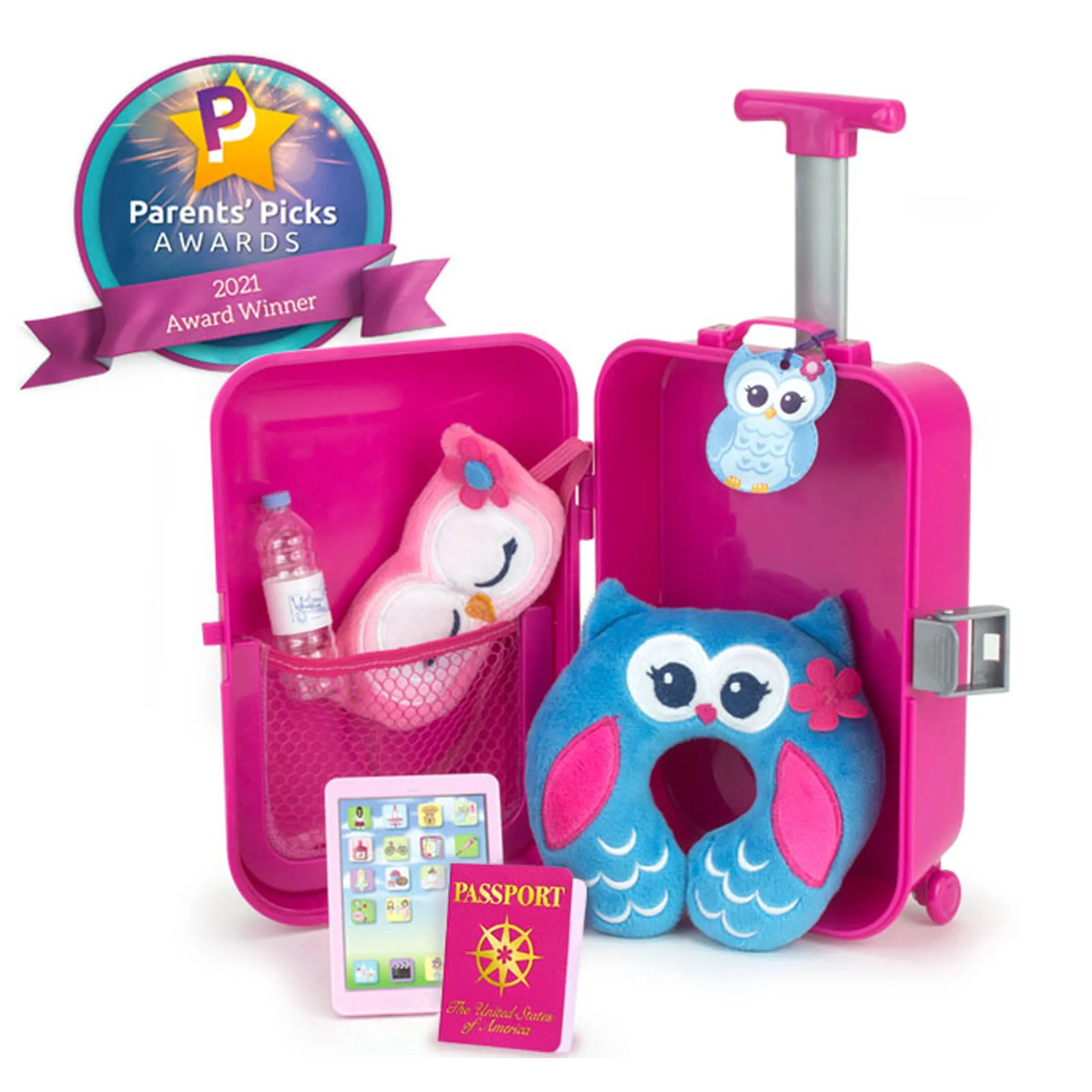 Sophia’s by Teamson Kids 18" Doll Holiday Travel Suitcase 7 Pcs Set with Sleeping Mask, Neck Pillow, Tablet, Passport, Luggage Tag and Water Bottle