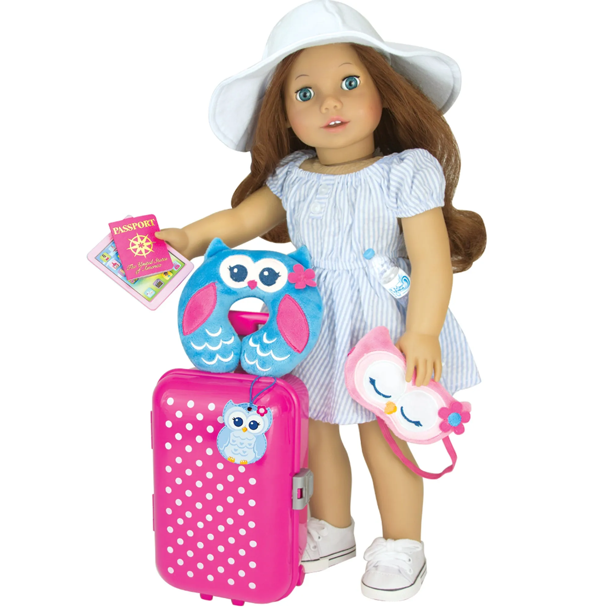 Sophia’s by Teamson Kids 18" Doll Holiday Travel Suitcase 7 Pcs Set with Sleeping Mask, Neck Pillow, Tablet, Passport, Luggage Tag and Water Bottle
