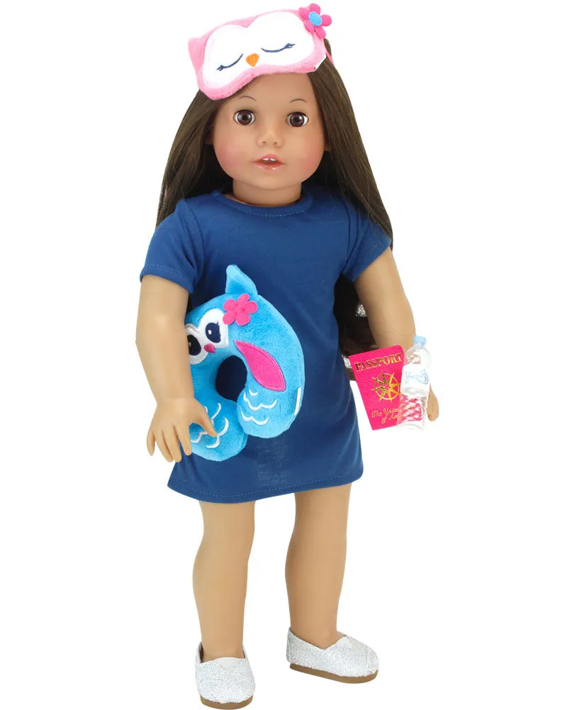 Sophia’s by Teamson Kids 18" Doll Holiday Travel Suitcase 7 Pcs Set with Sleeping Mask, Neck Pillow, Tablet, Passport, Luggage Tag and Water Bottle
