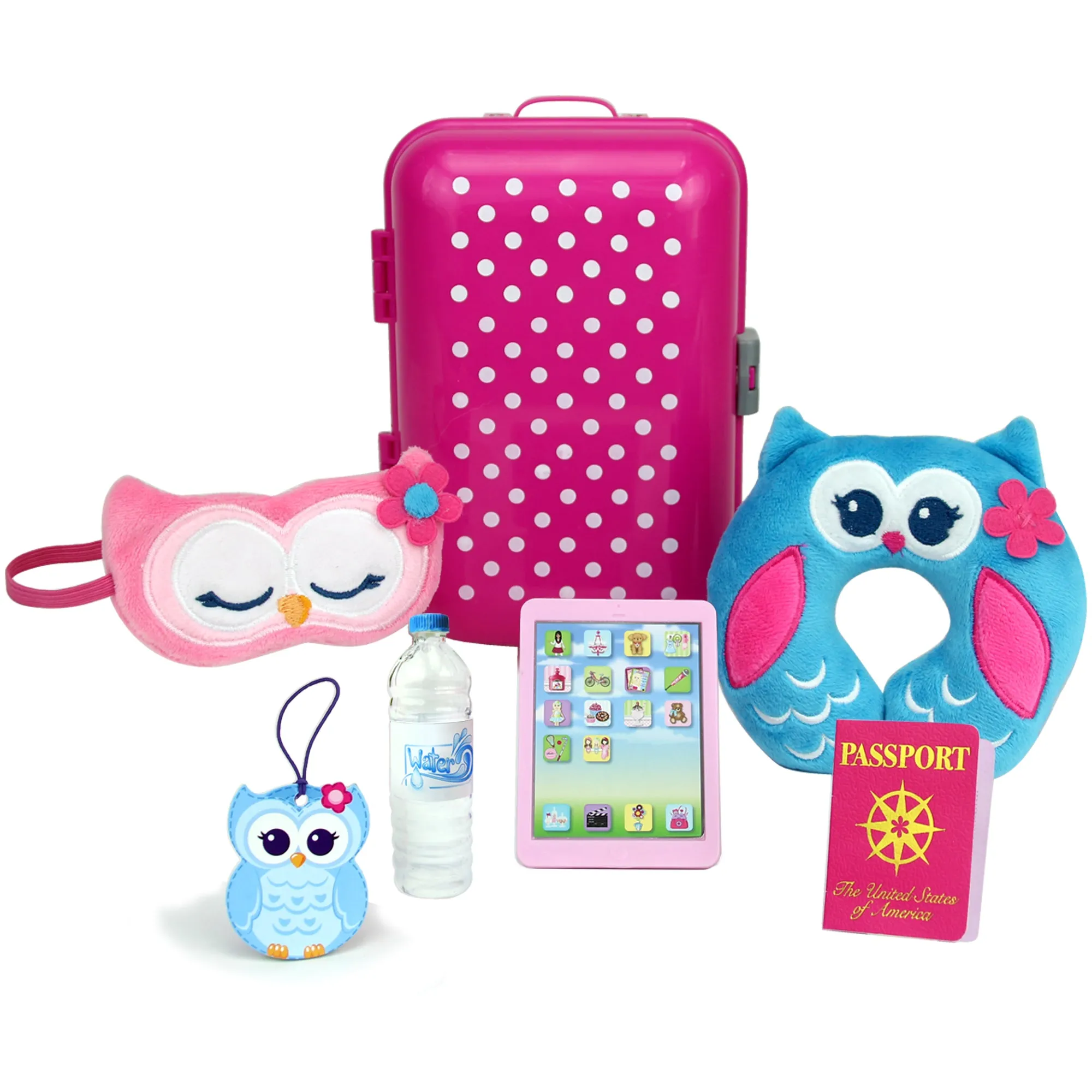 Sophia’s by Teamson Kids 18" Doll Holiday Travel Suitcase 7 Pcs Set with Sleeping Mask, Neck Pillow, Tablet, Passport, Luggage Tag and Water Bottle