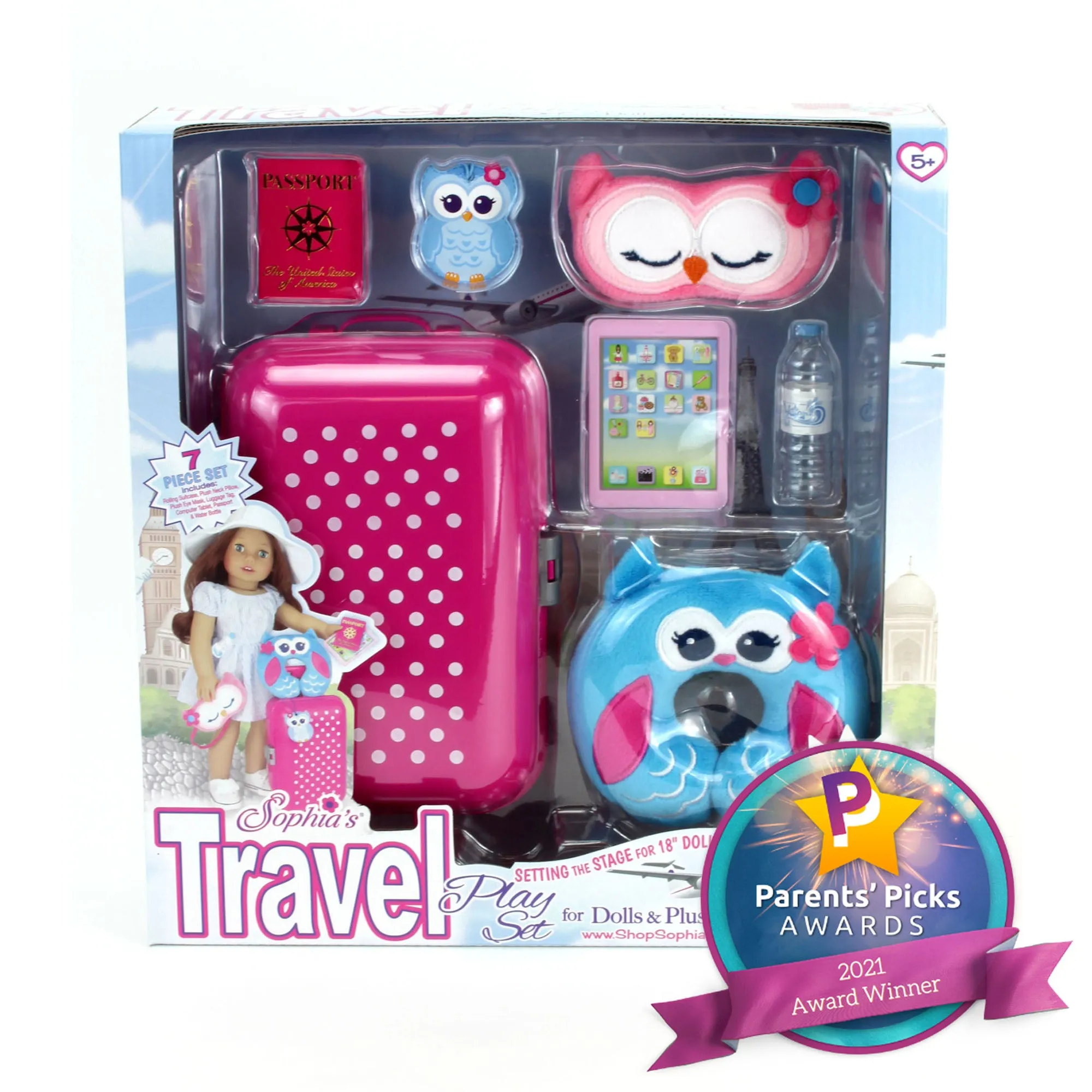 Sophia’s by Teamson Kids 18" Doll Holiday Travel Suitcase 7 Pcs Set with Sleeping Mask, Neck Pillow, Tablet, Passport, Luggage Tag and Water Bottle