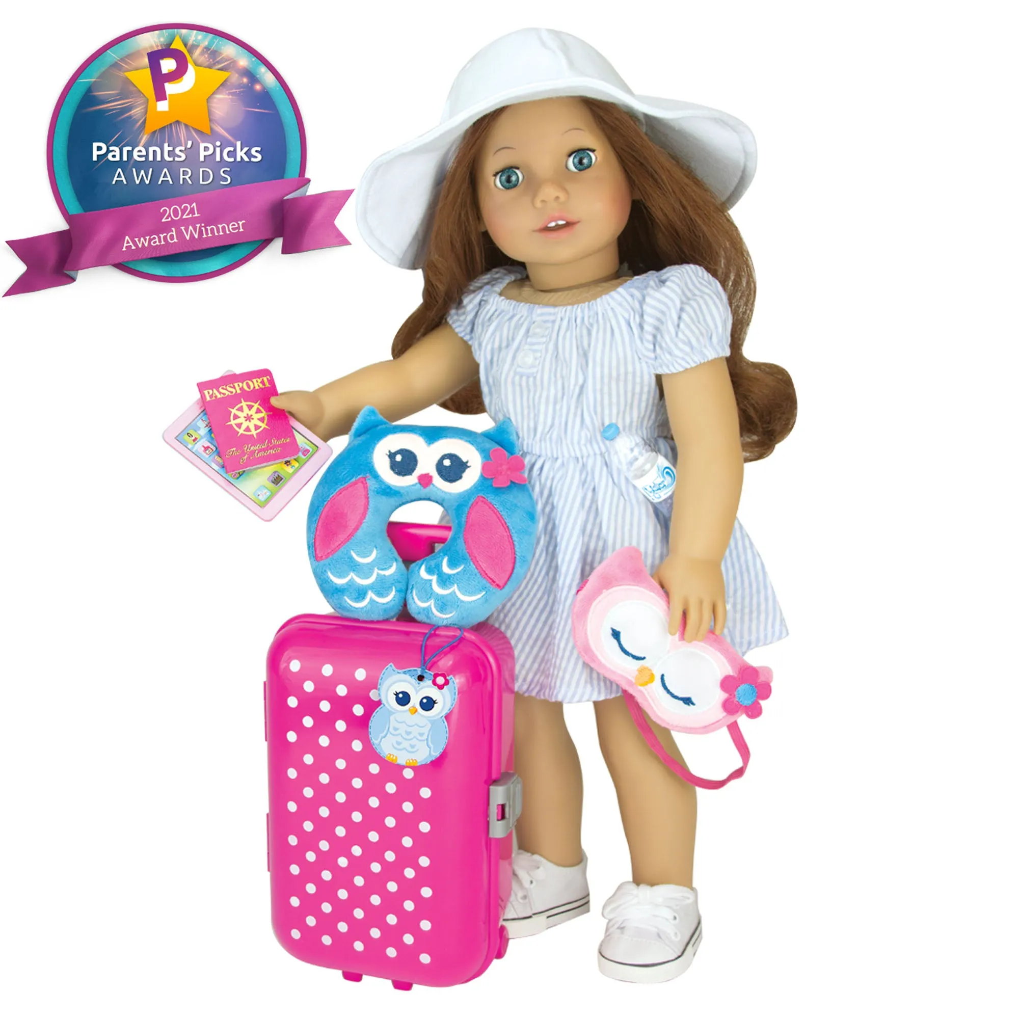 Sophia’s by Teamson Kids 18" Doll Holiday Travel Suitcase 7 Pcs Set with Sleeping Mask, Neck Pillow, Tablet, Passport, Luggage Tag and Water Bottle