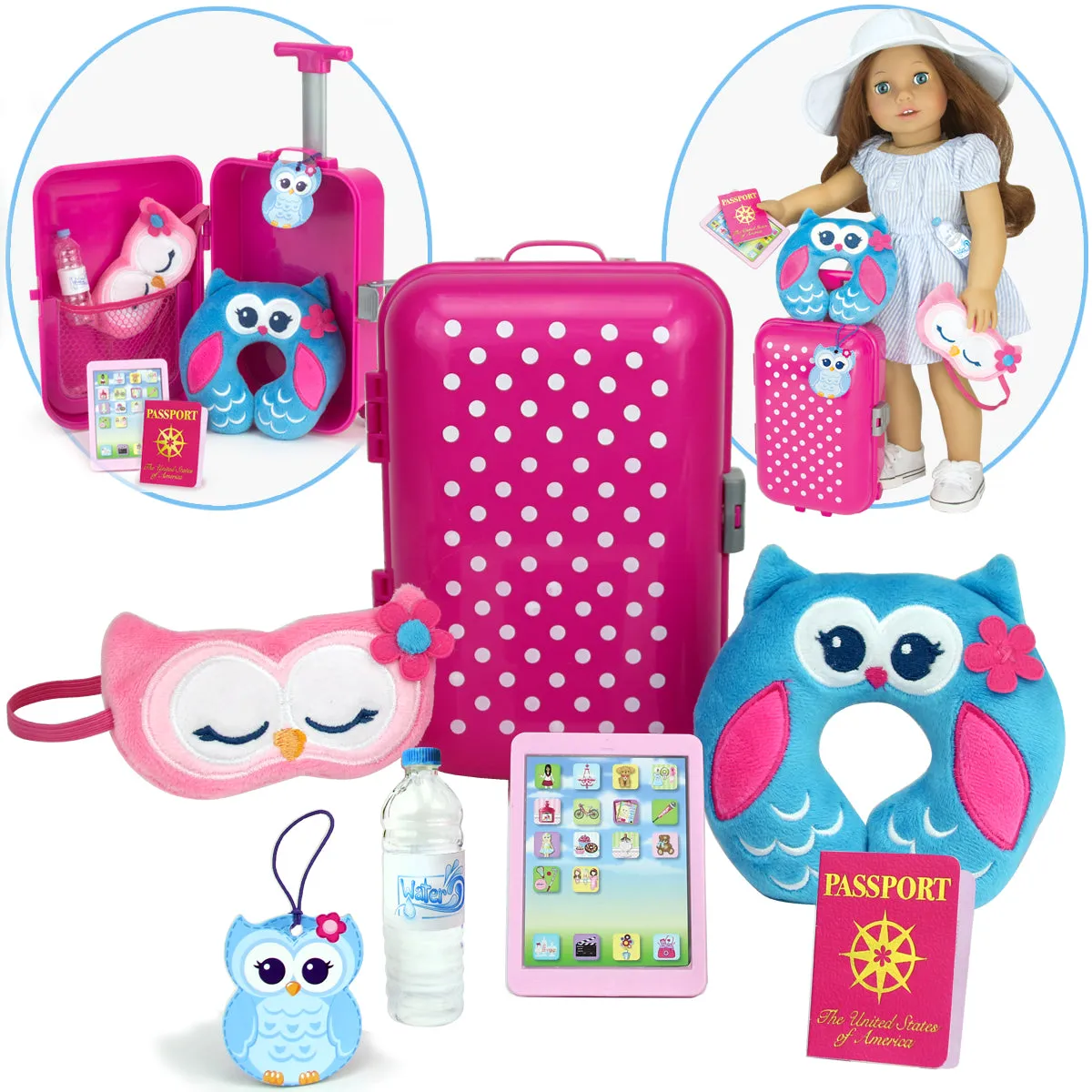 Sophia’s by Teamson Kids 18" Doll Holiday Travel Suitcase 7 Pcs Set with Sleeping Mask, Neck Pillow, Tablet, Passport, Luggage Tag and Water Bottle