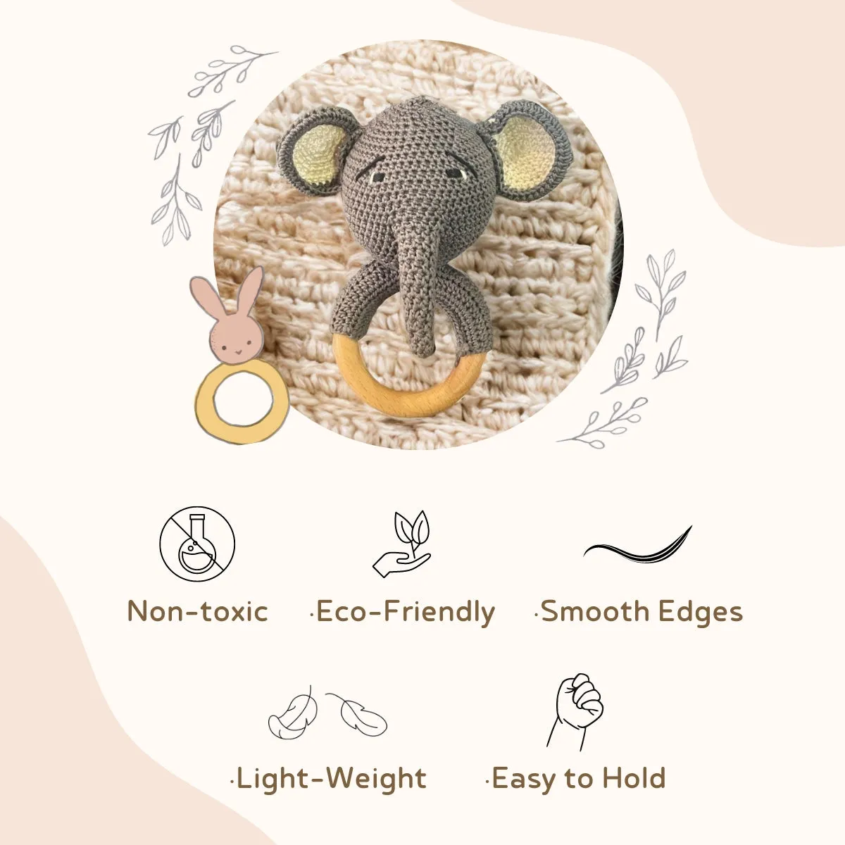 TOYPENTER Baby Rattle for Newborn, Crochet Elephant Rattle/Soft Toys for Newborns/Infants/Kids & Babies