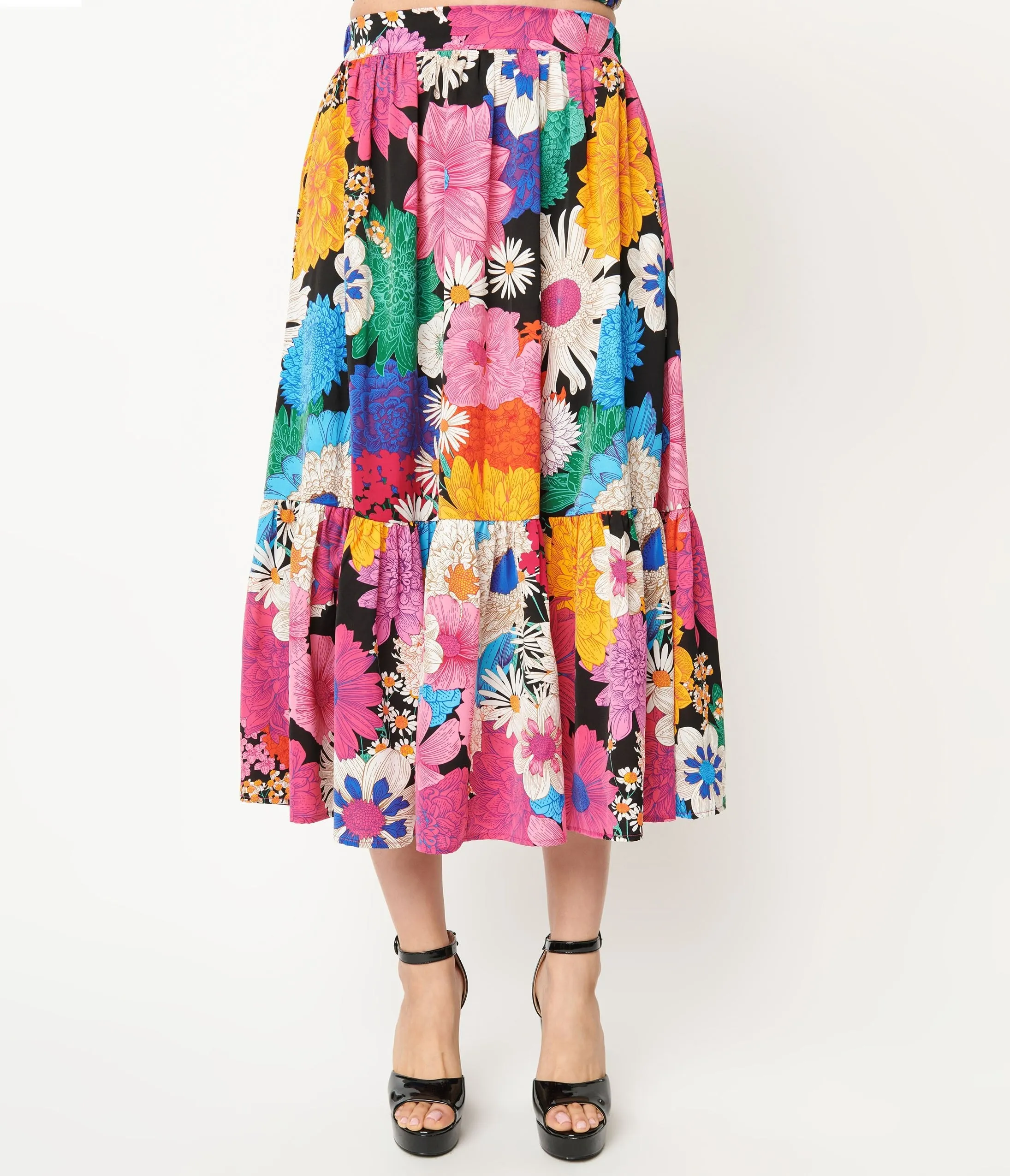Unique Vintage 1970s Black & Rainbow Floral Midi Skirt