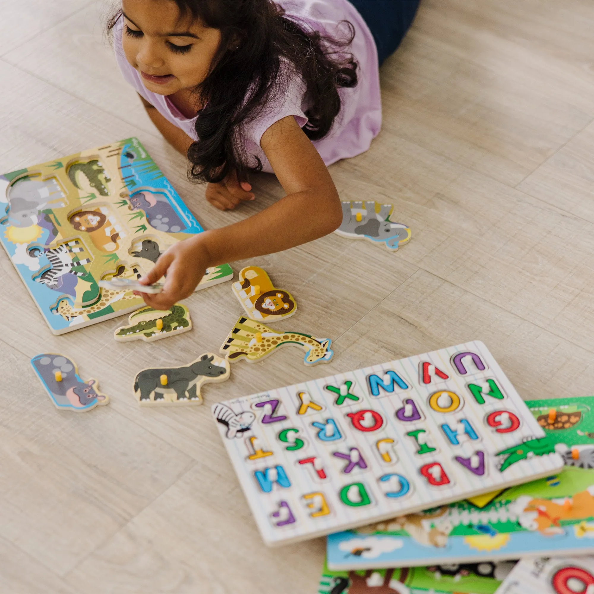 Wooden Peg Puzzle 6-Pack: Vehicles, Numbers, Safari, Farm, Pets, Alphabet