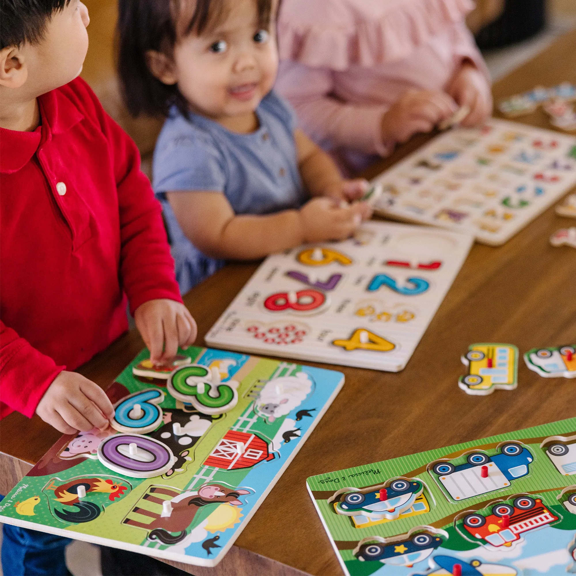 Wooden Peg Puzzle 6-Pack: Vehicles, Numbers, Safari, Farm, Pets, Alphabet
