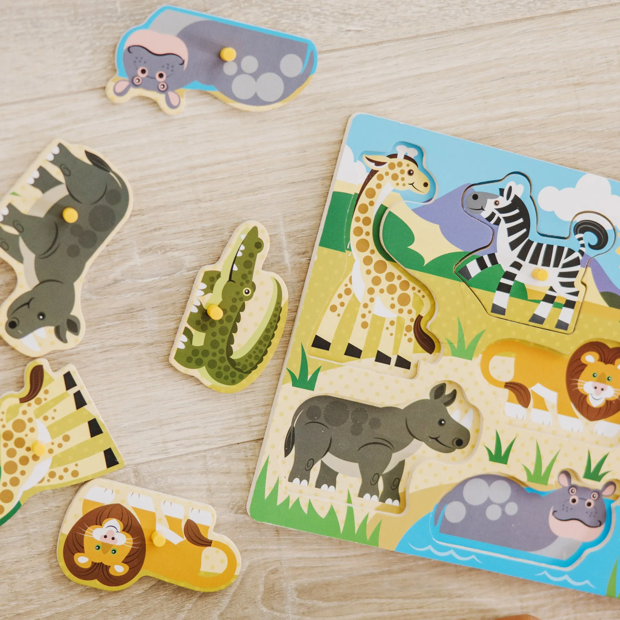 Wooden Peg Puzzle 6-Pack: Vehicles, Numbers, Safari, Farm, Pets, Alphabet