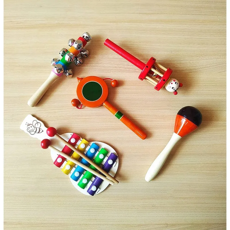Wooden Rattles for Baby - Rattles Set of 5 pcs -Non toxic Multicolor