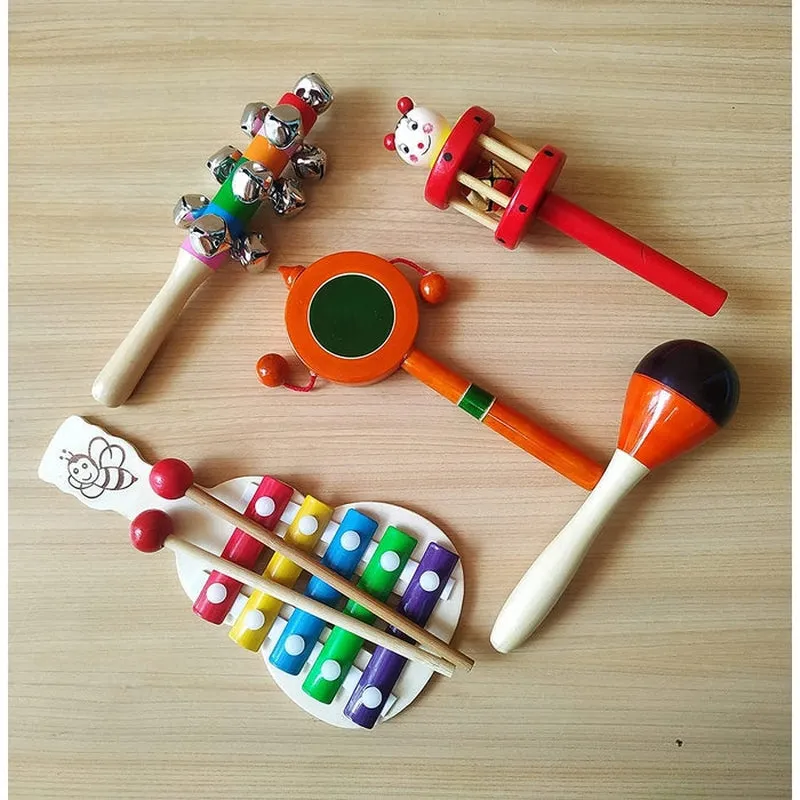 Wooden Rattles for Baby - Rattles Set of 5 pcs -Non toxic Multicolor